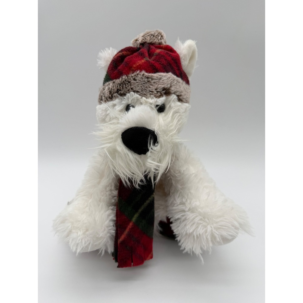 Gentle Treasures White Terrier Plush Dog Holiday Plaid Hat Scarf Stuffed Animal